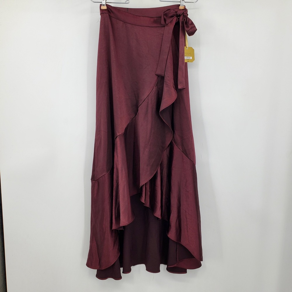 NWT Ryegrass Port Royale Burgundy Satin High-Low Ruffle Maxi Skirt XS Holiday